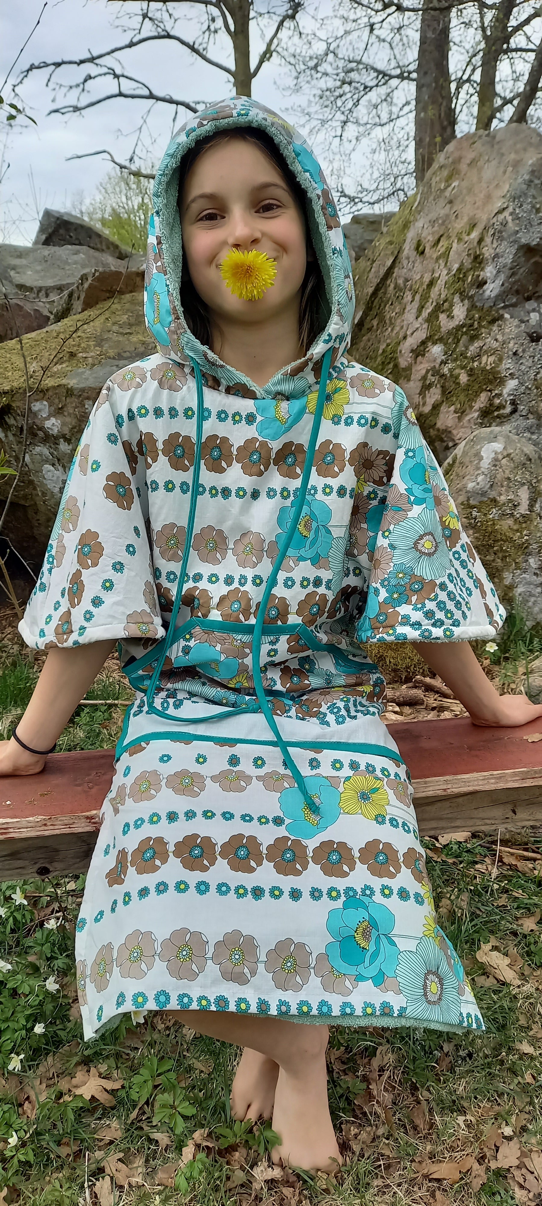 Selma bathrobe side view displaying handmade construction
