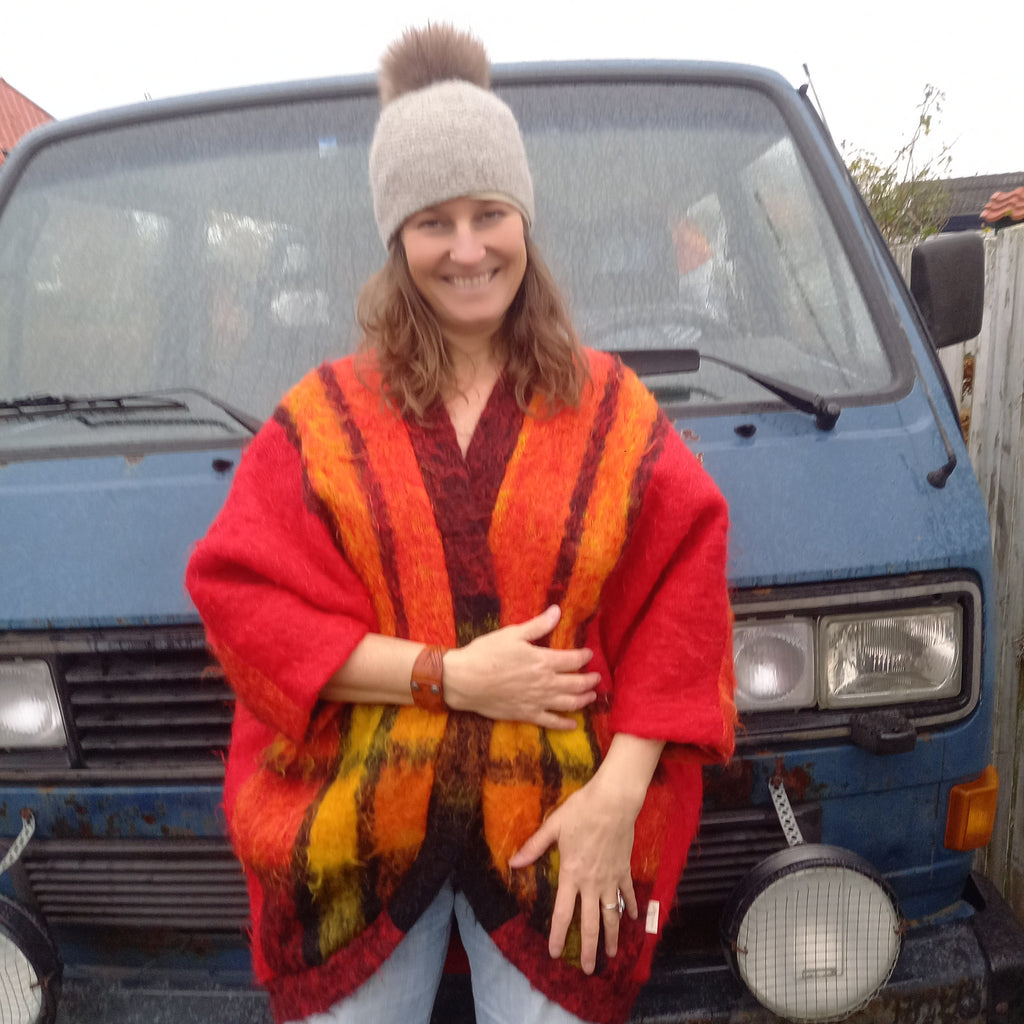 Fuego jacket close-up detail of vintage wool fabric texture and construction. The fluffy jacket.
