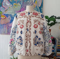 Rosalia cotton jacket from two vintage tablecloths with damask lining, front view
