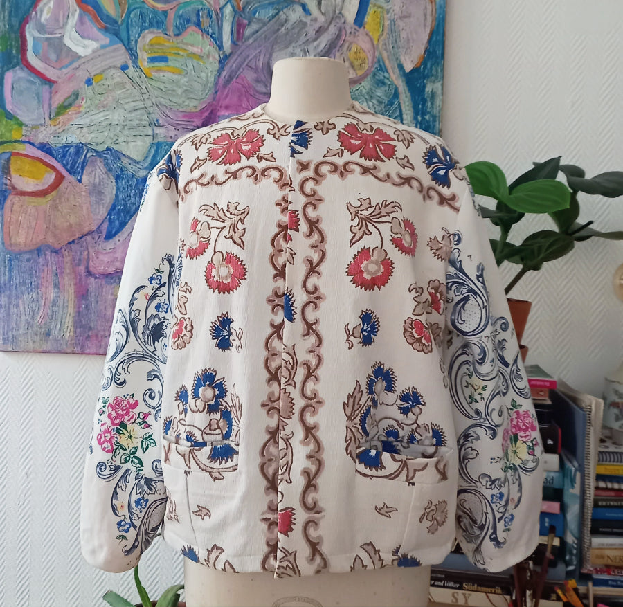 Rosalia cotton jacket from two vintage tablecloths with damask lining, front view
