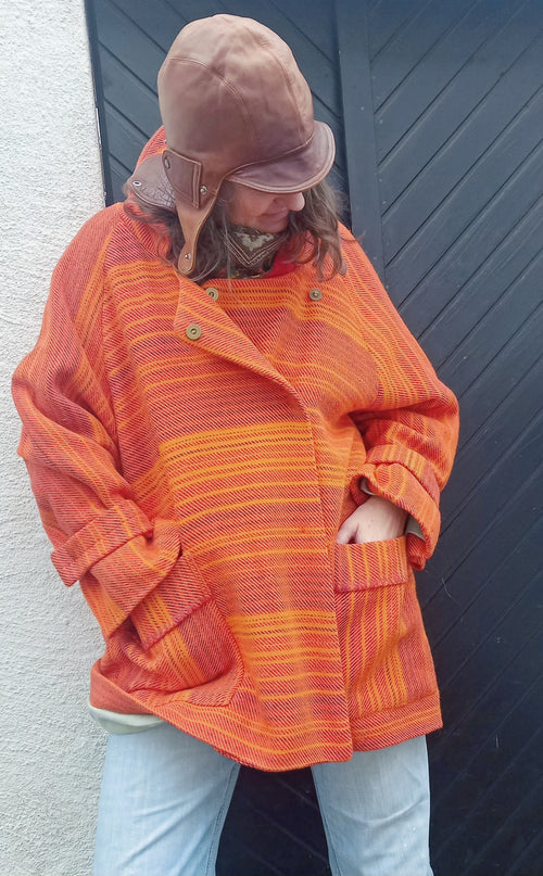 Apelsina vintage jacket front view showing 1971 Tidstrand blanket textile detail
