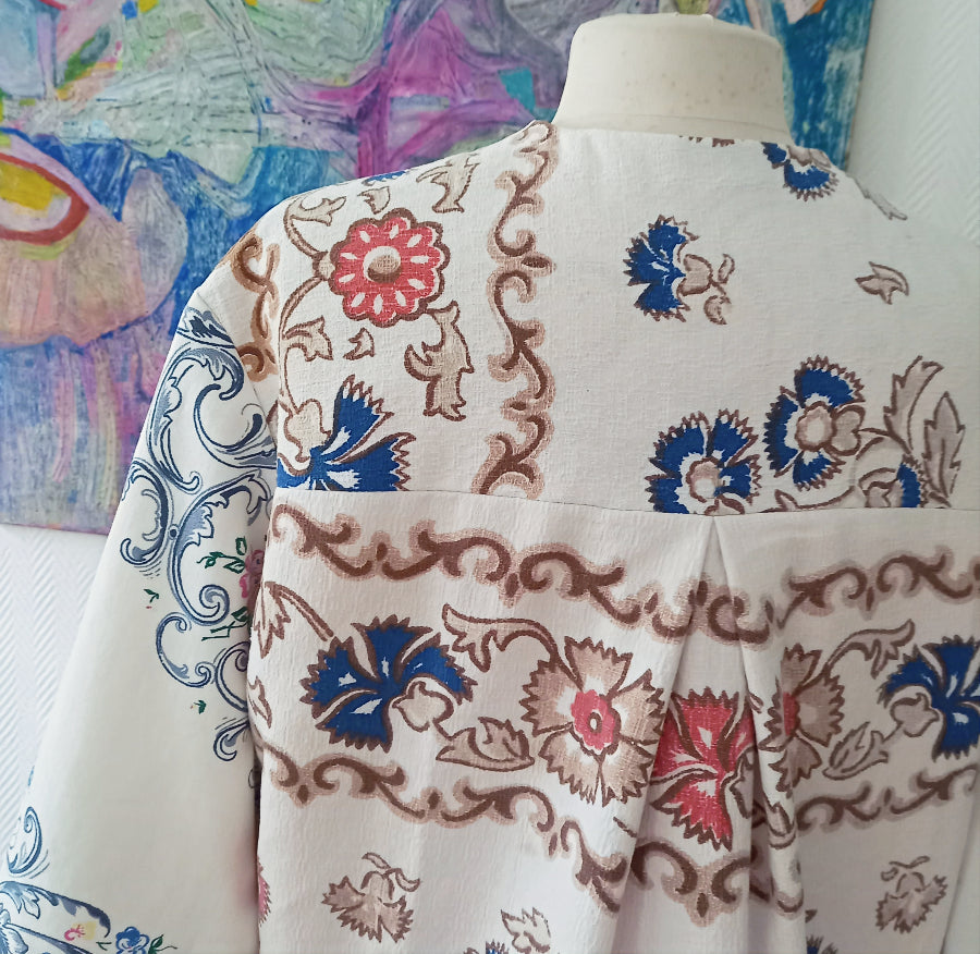 Rosalia jacket back view showing vintage cotton tablecloth textile detail
