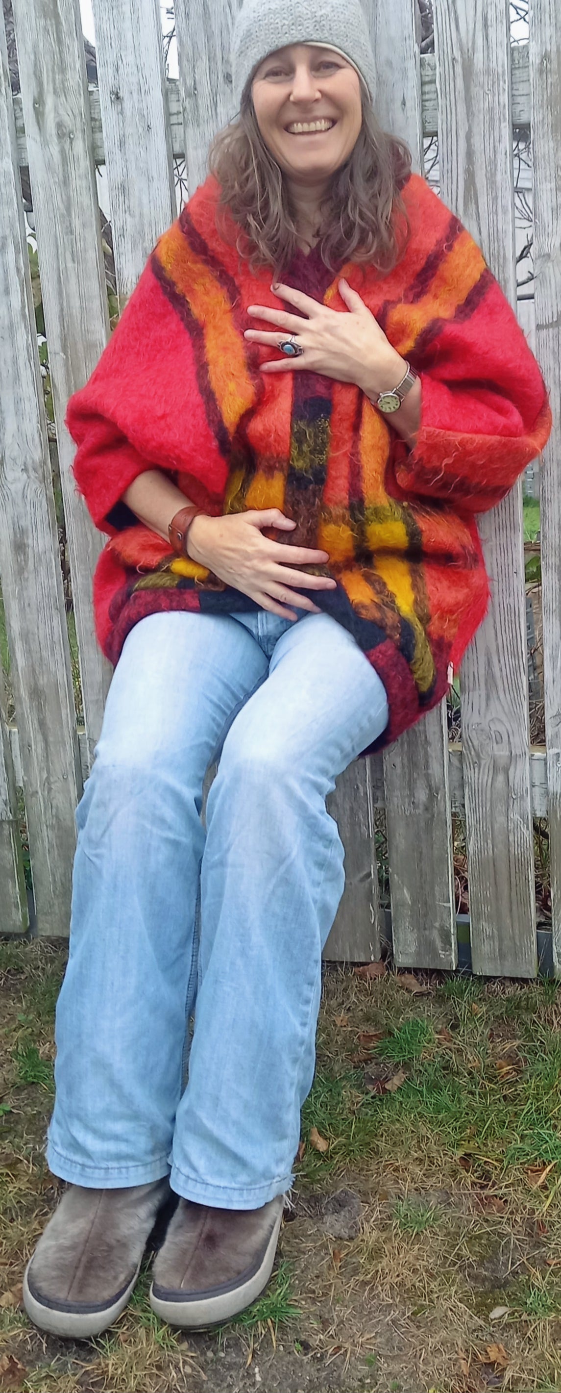 Fuego wool jacket front view showing upcycled vintage blanket textile detail
