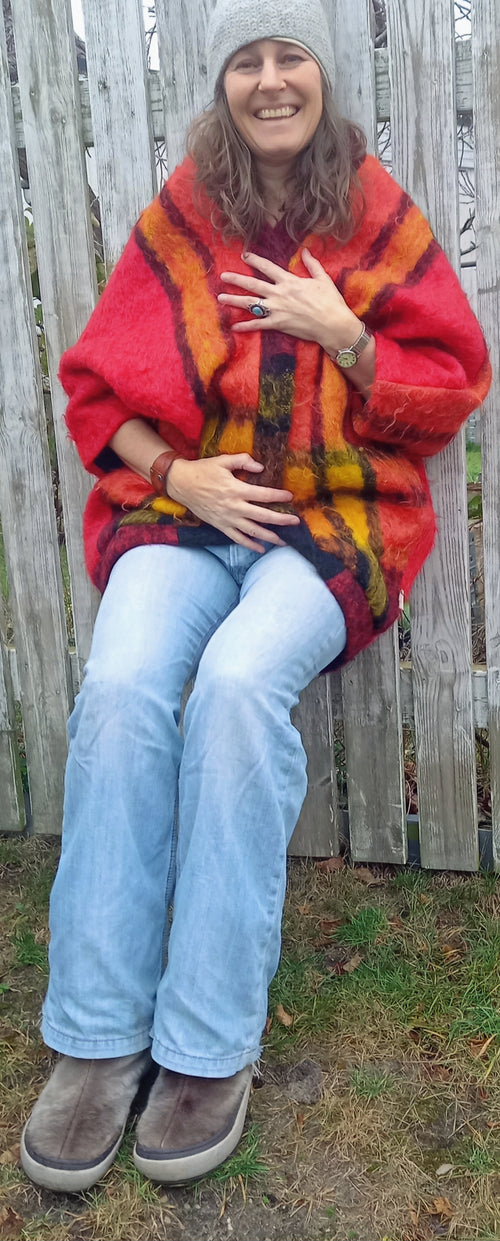 Fuego wool jacket front view showing upcycled vintage blanket textile detail
