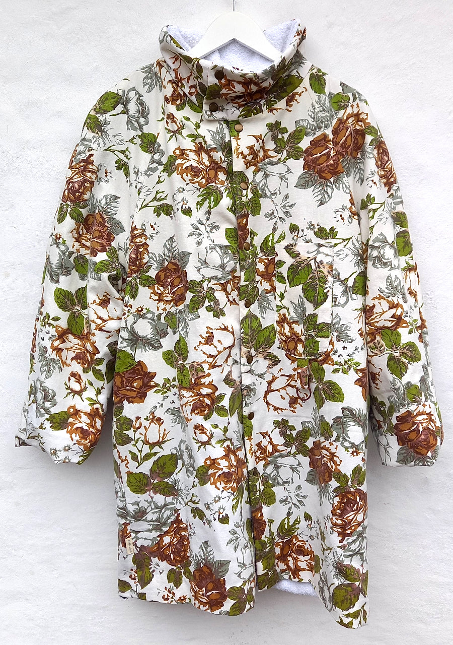 Fanny bathrobe detail showing terrycloth lining and handmade construction
