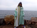 Yeşil oversized unisex bathrobe in white and green from 1960s tablecloths, front view
