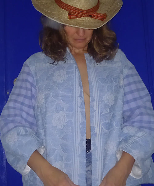 Cesaria cotton jacket from vintage tablecloth with damask lining, front view
