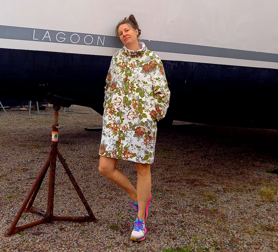 Fanny shorty bathrobe side view displaying block-print rose pattern detail
