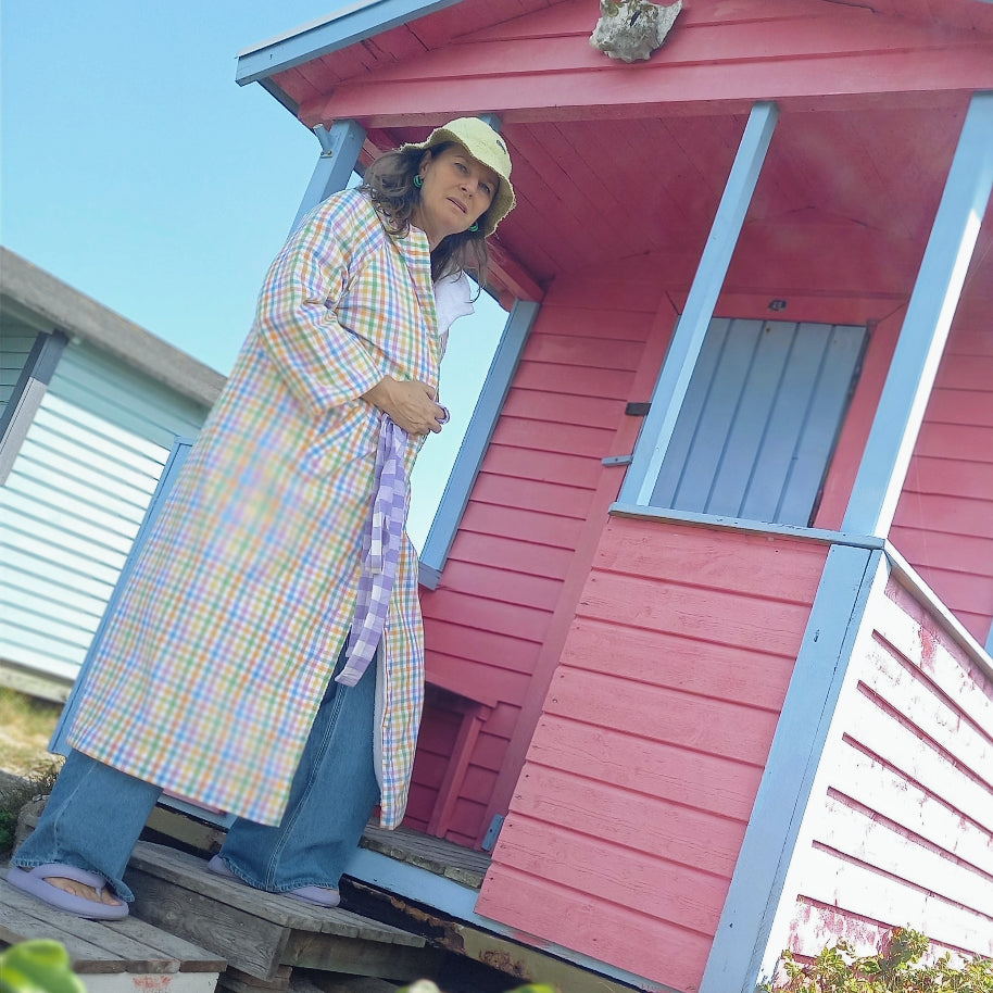 Lollypop bathrobe from deadstock cotton poplin, front view
