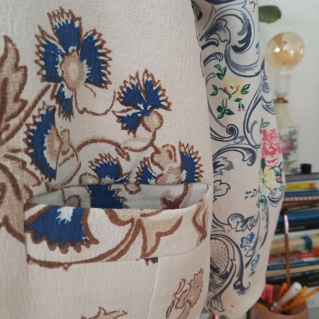 Rosalia jacket close-up of vintage tablecloth fabric and damask lining
