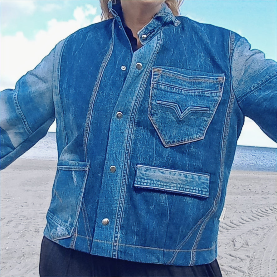 Cowgirl denim jacket side + front view displaying handmade details
