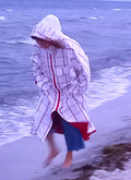 Windy cropped bathrobe in white and red from vintage cotton tablecloth, front view
