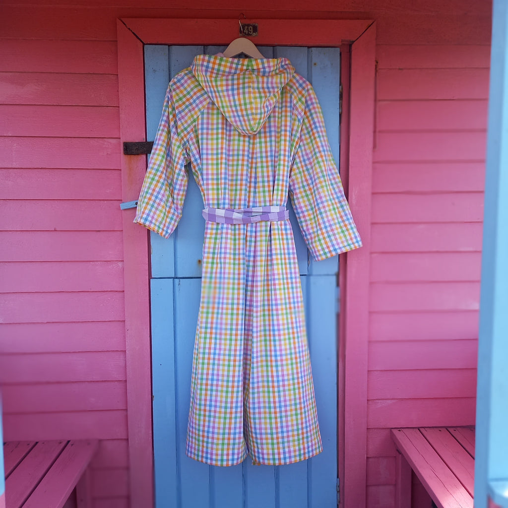 Lollypop bathrobe back view showing upcycled deadstock cotton fabric
