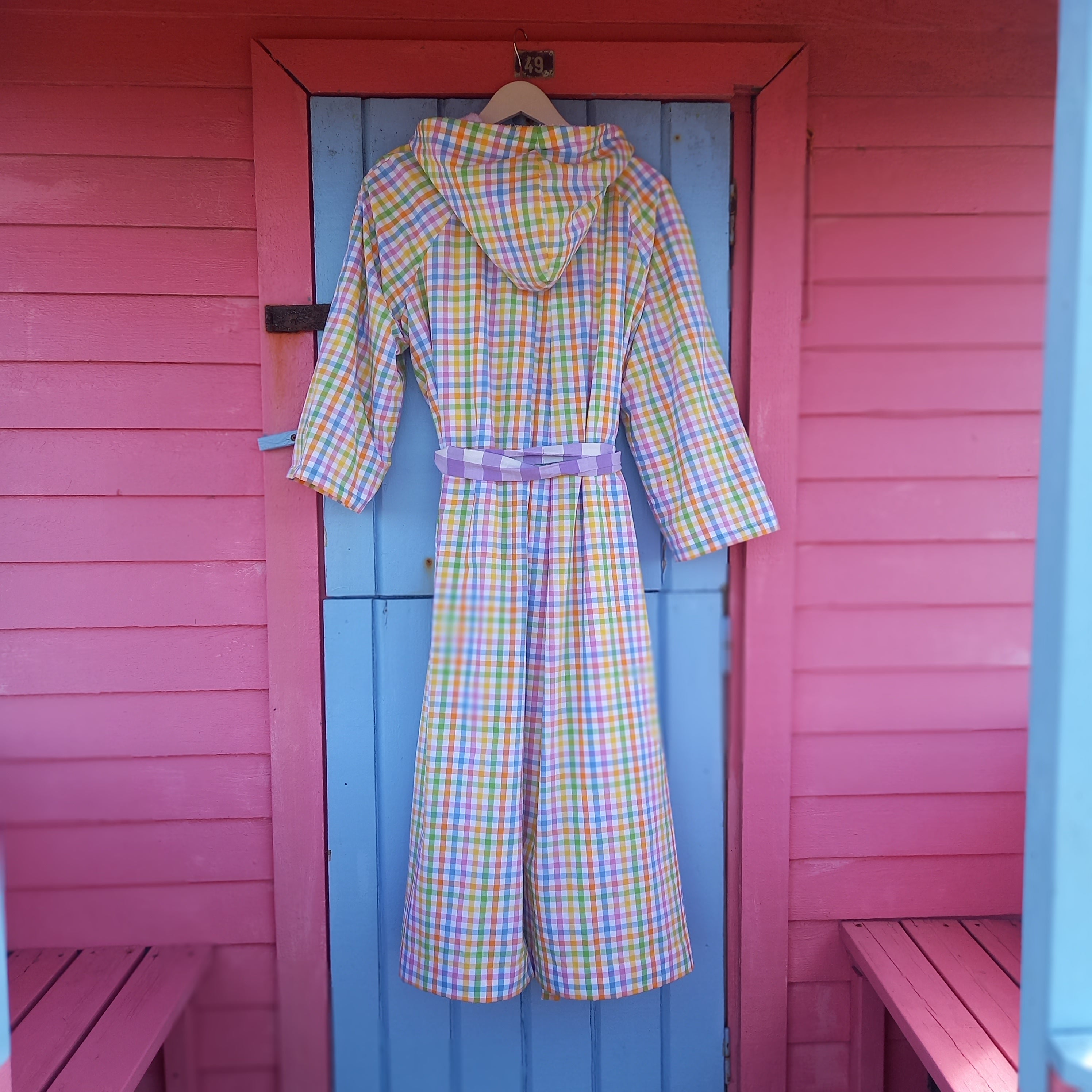 Lollypop bathrobe back view showing upcycled deadstock cotton fabric
