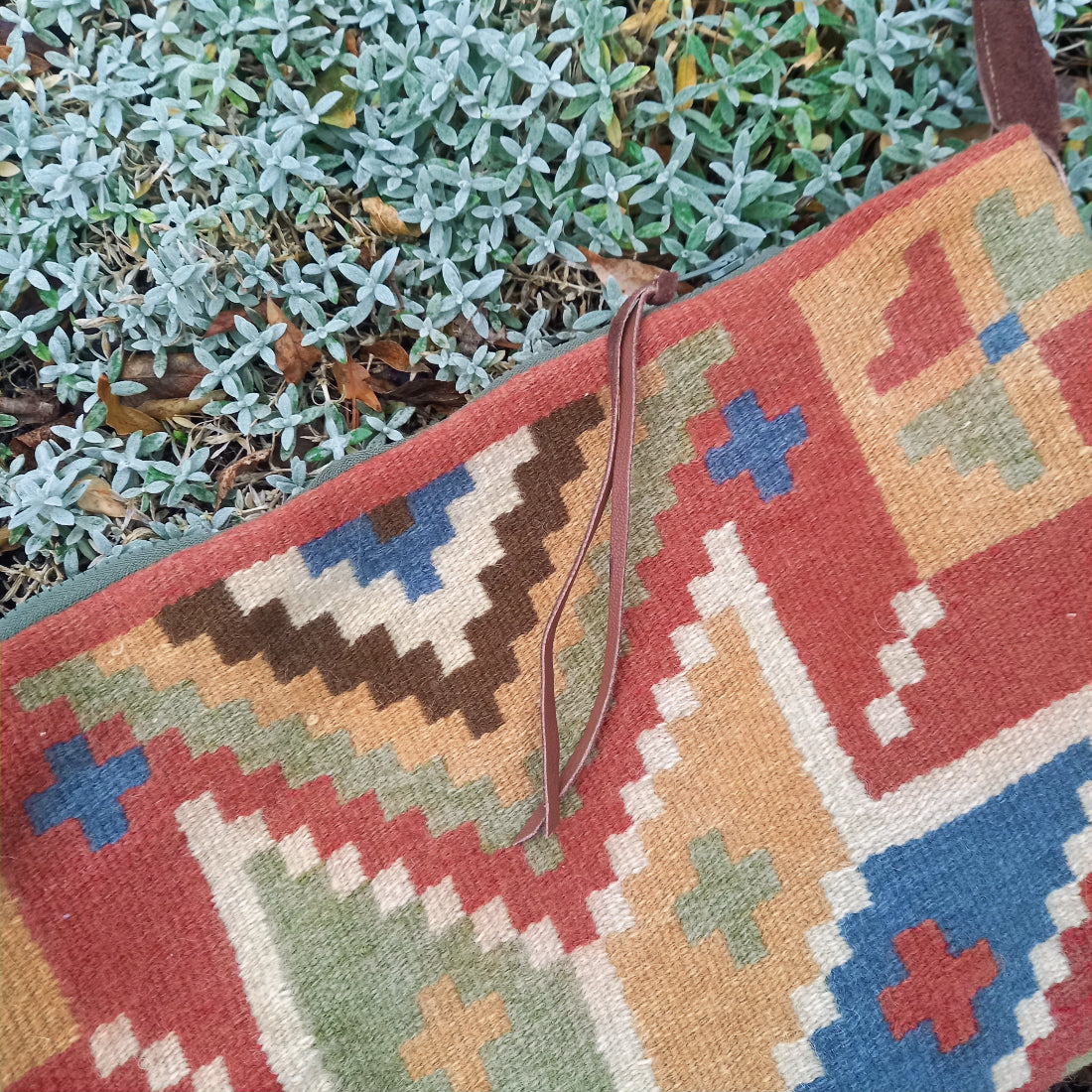 Istanbul wool tote bag front view showing upcycled textile detail and leather handle
