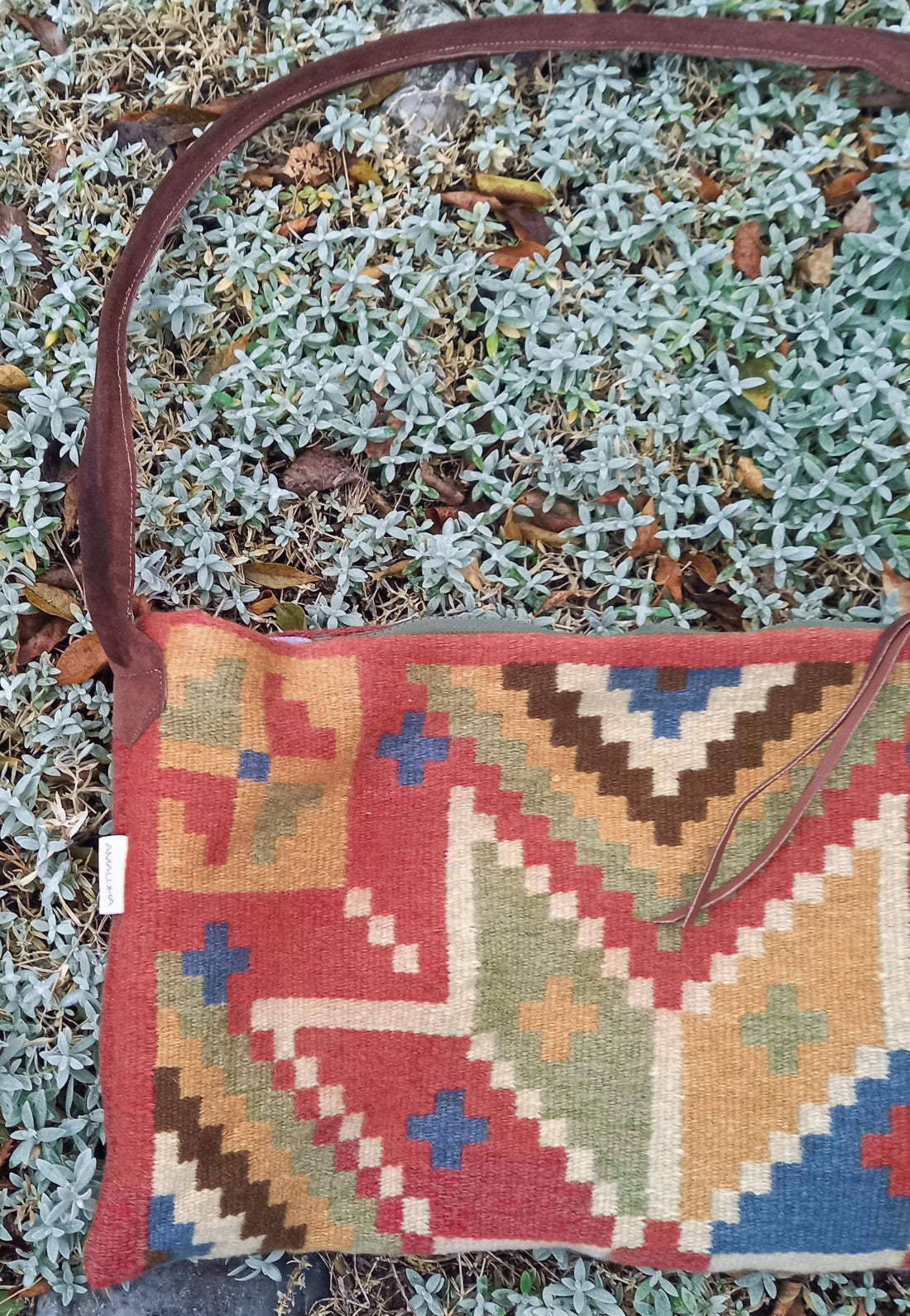 Istanbul bag close-up of vintage wool fabric texture and handmade construction
