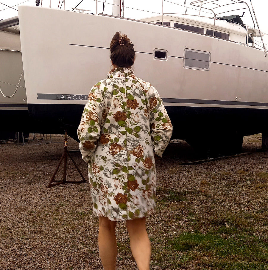 Fanny bathrobe back view showing cotton damask with terrycloth lining
