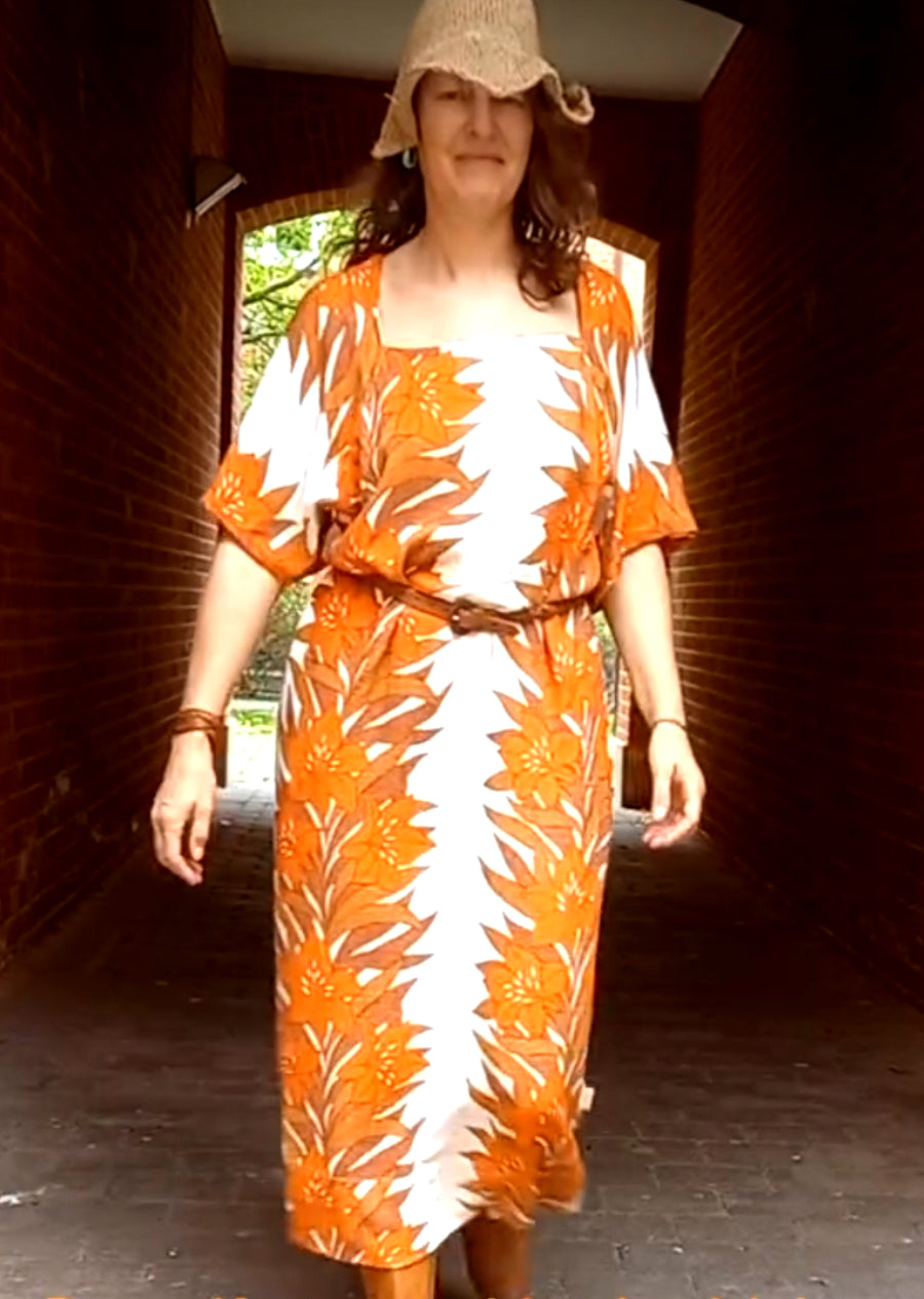Tonga dress from 1970s viscose and cotton. Square cut front