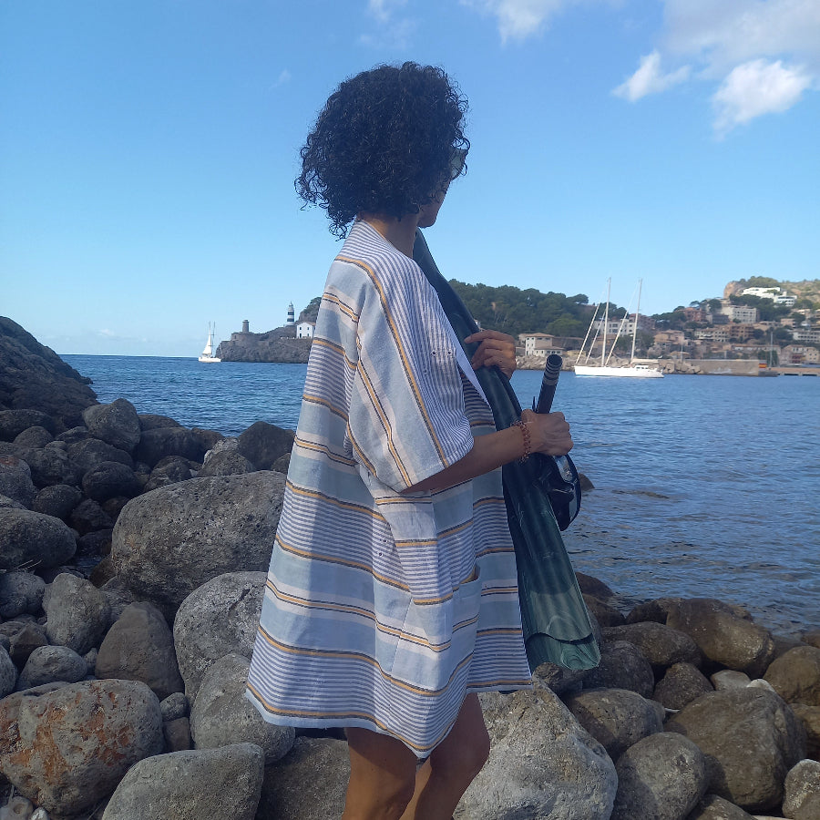 Jaqua jacket side view showing vintage Mallorca curtain textile detail
