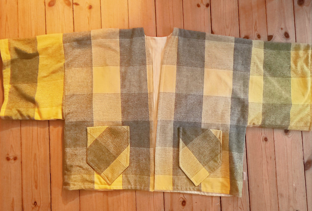 Solkatt cotton kimono detail of vintage tablecloth fabric and handmade construction
